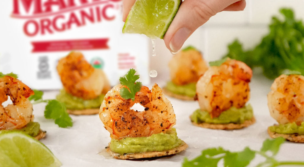 Cajun Lime Shrimp Guacamole Bites made with Mary’s Organic Crackers Original Crackers.
