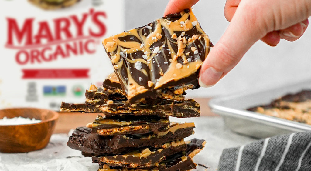 Salted Peanut Butter Chocolate Toffee Cracker Bark made with Mary’s Organic Crackers Original Crackers.