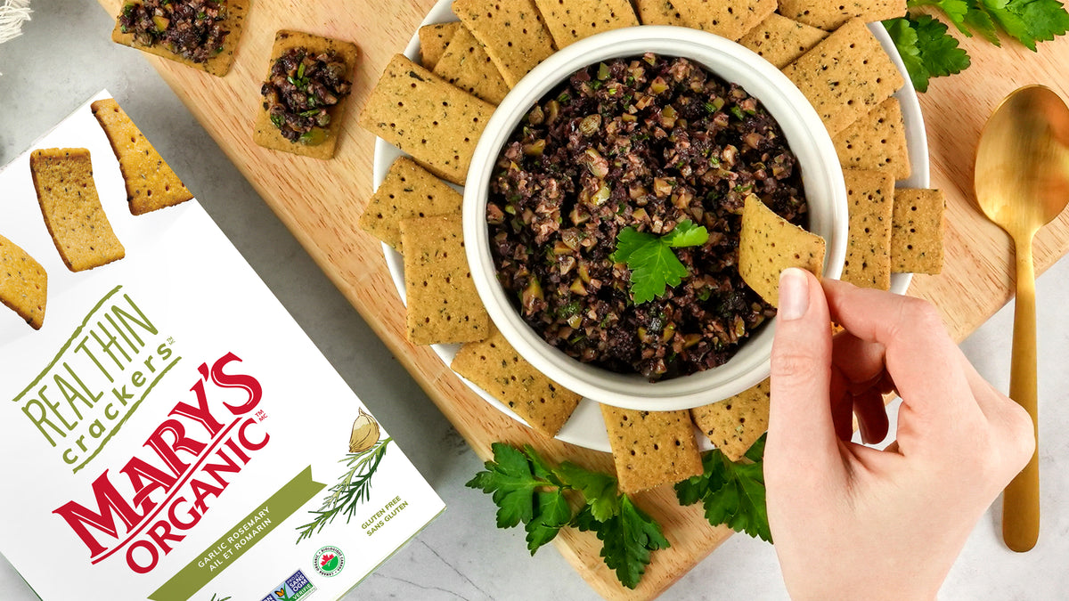Olive Tapenade served with Mary’s Organic Crackers Garlic Rosemary REAL THIN Crackers.