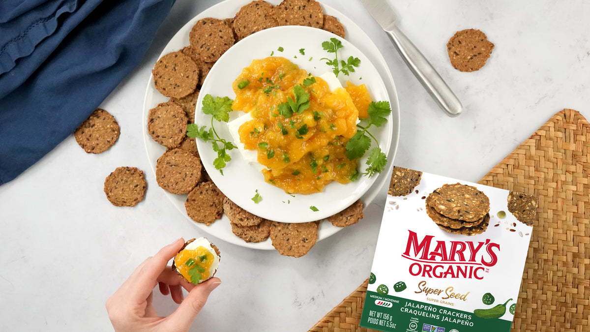 Spicy Mango Jam served with Mary’s Organic Crackers Super Seed Jalapeño Crackers.